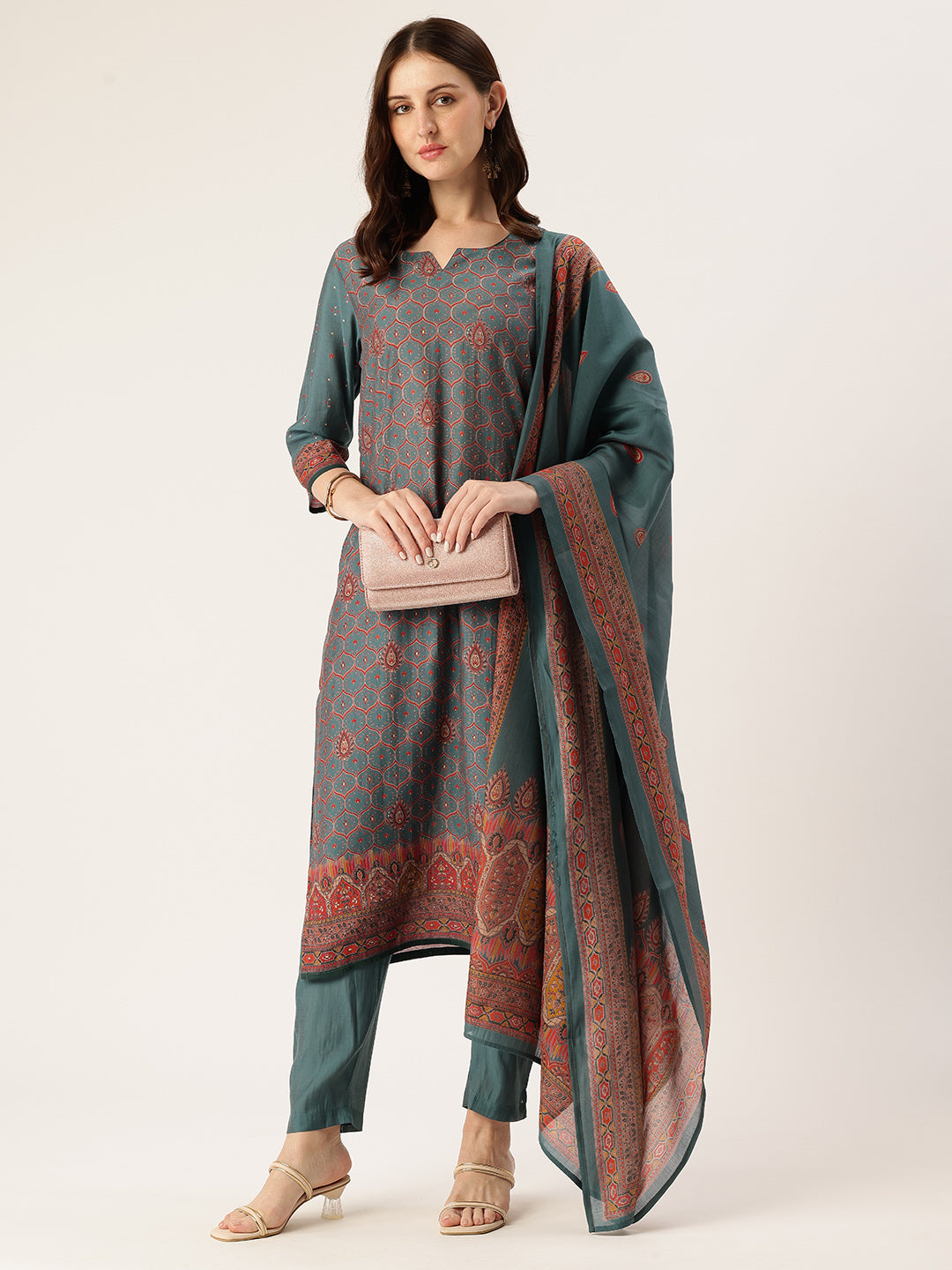Green Printed Kurta & Trousers With Dupatta, Kurta Dupatta Set