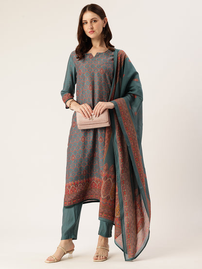 Green Printed Kurta & Trousers With Dupatta, Kurta Dupatta Set