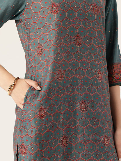 Green Printed Kurta & Trousers With Dupatta