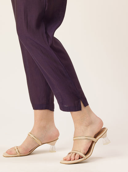 Purple Printed Kurta & Trousers With Dupatta