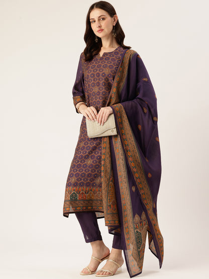 Purple Printed Kurta & Trousers With Dupatta