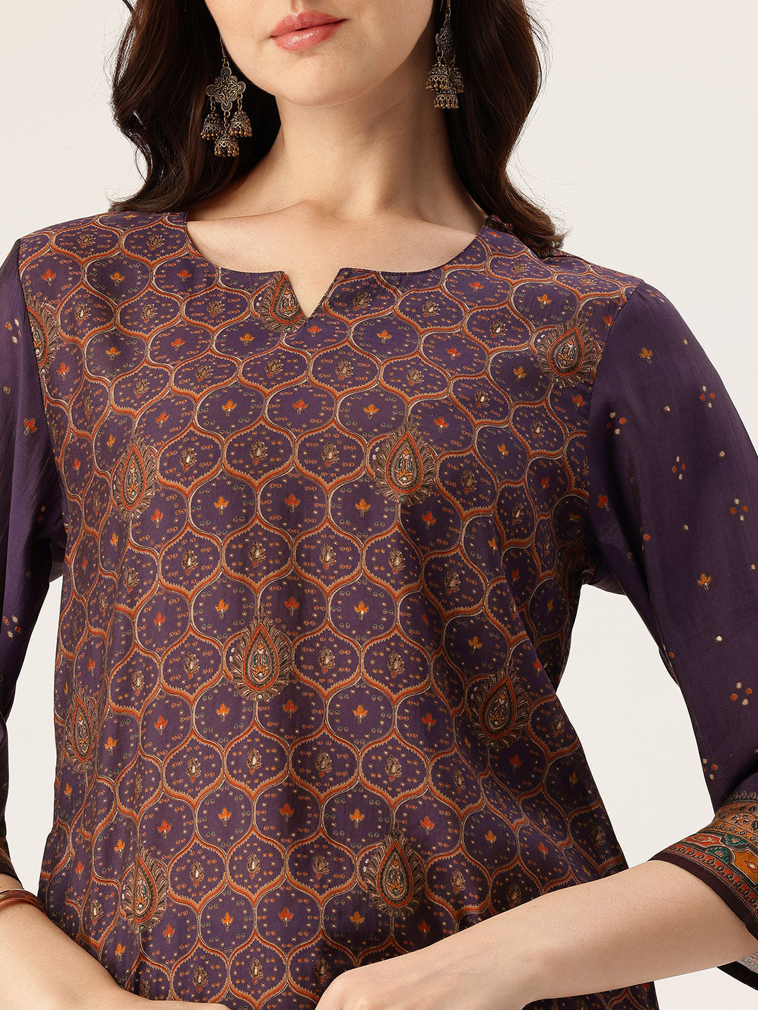 Purple Printed Kurta & Trousers With Dupatta