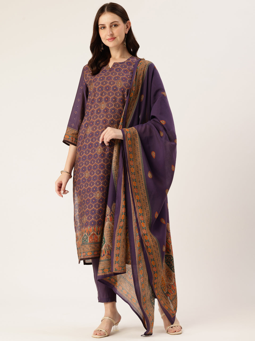 Purple Printed Kurta & Trousers With Dupatta