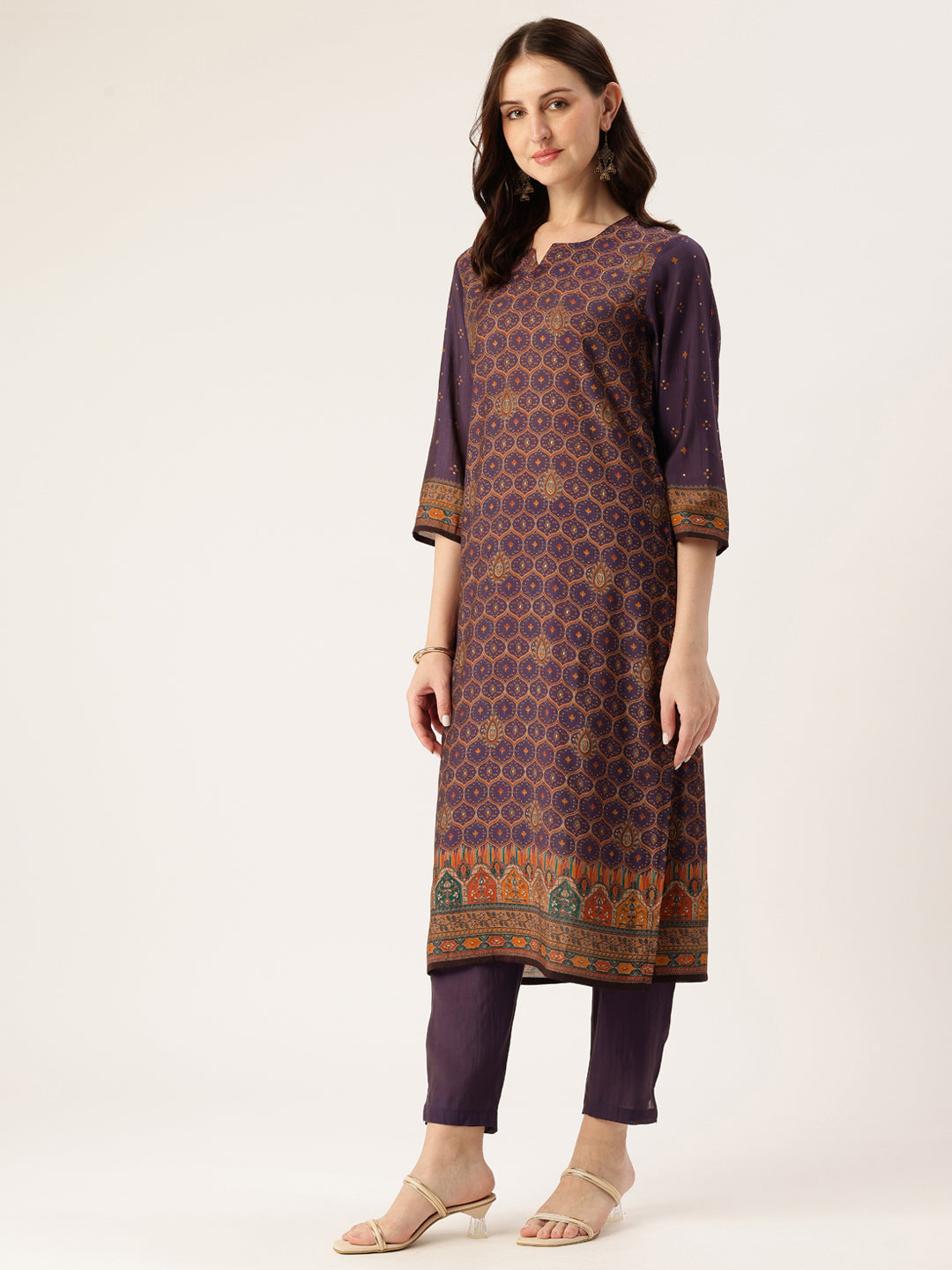 Purple Printed Kurta & Trousers With Dupatta