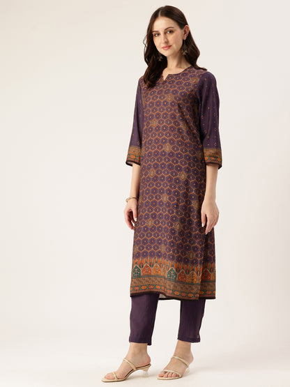 Purple Printed Kurta & Trousers With Dupatta
