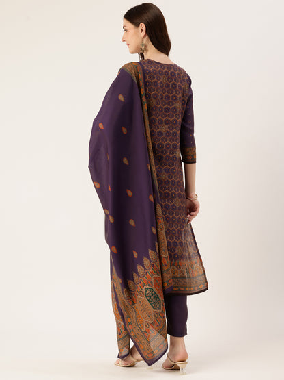 Purple Printed Kurta & Trousers With Dupatta