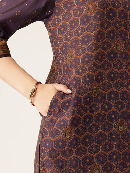 Purple Printed Kurta & Trousers With Dupatta