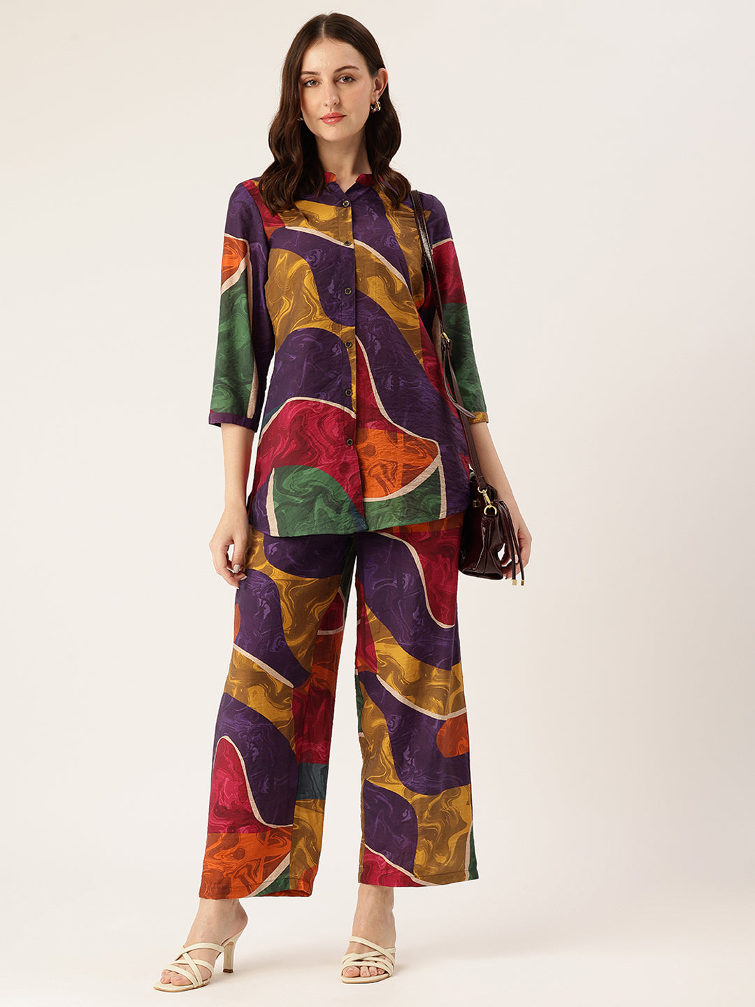 Multi Color Printed Mandarin Collar Co-Ords