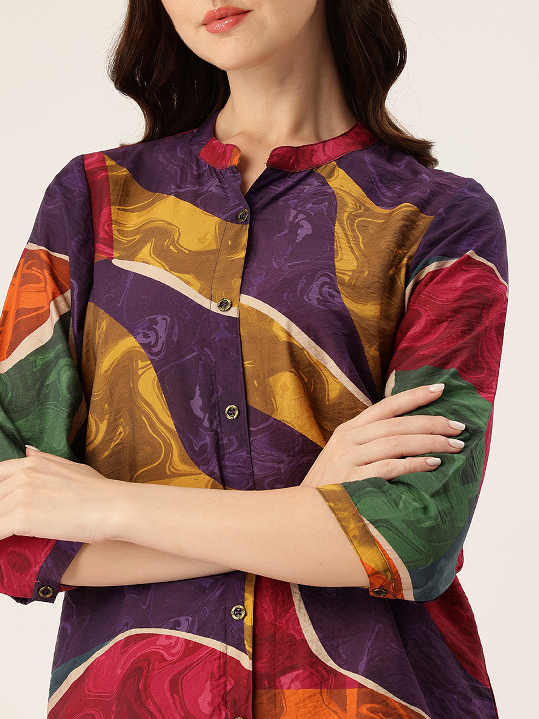 Multi Color Printed Mandarin Collar Co-Ords
