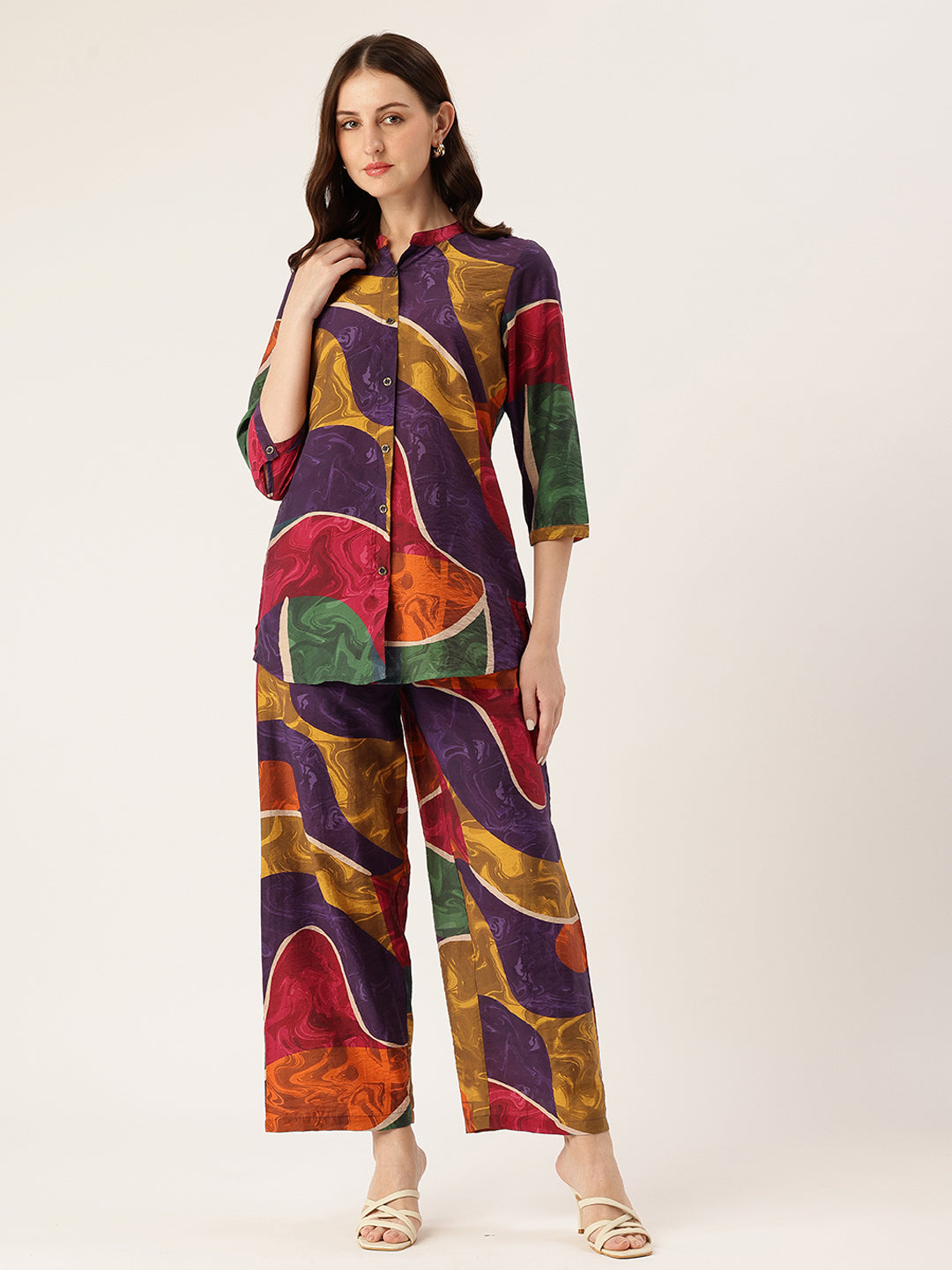 Multi Color Printed Mandarin Collar Co-Ords