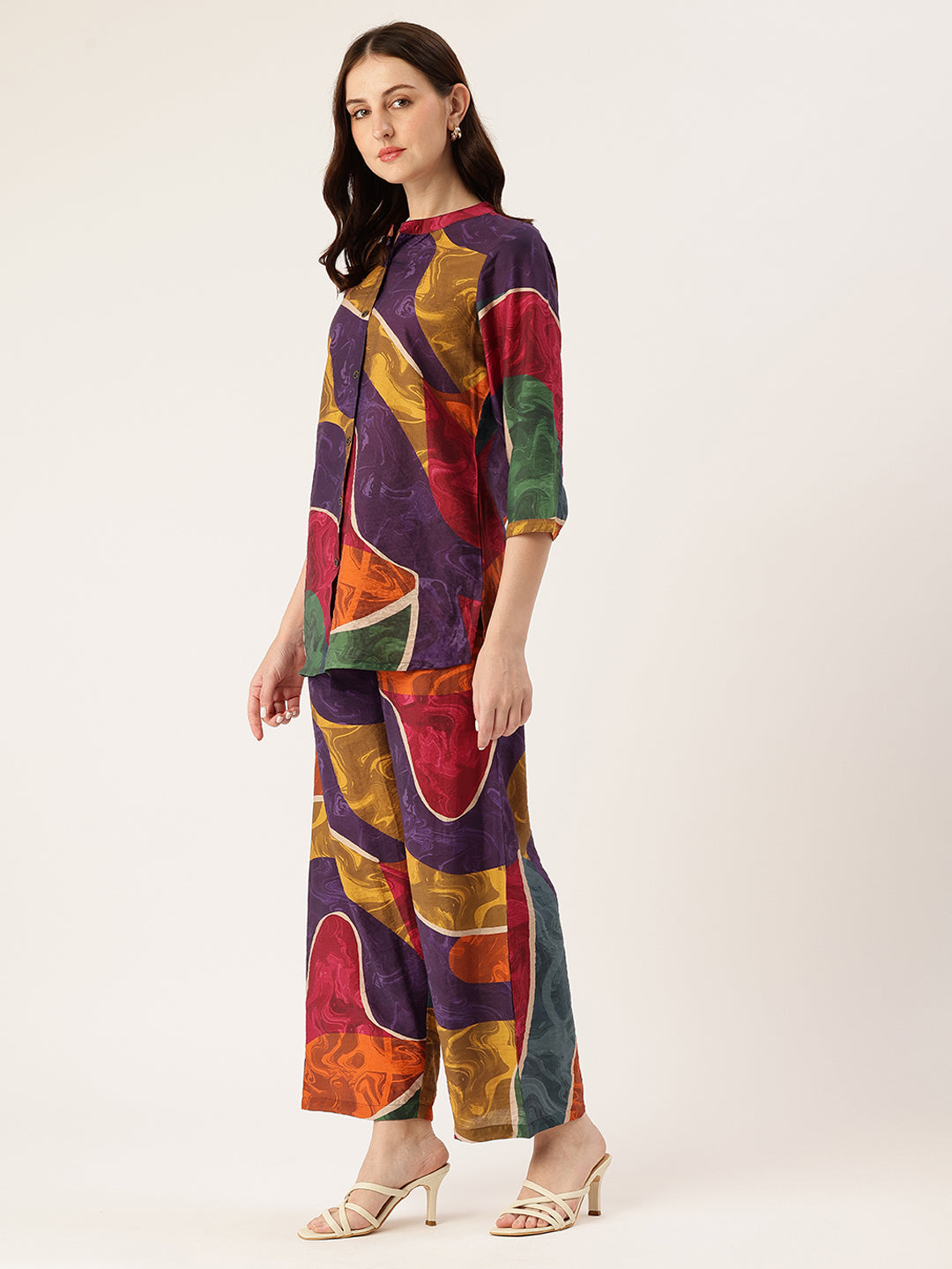 Multi Color Printed Mandarin Collar Co-Ords
