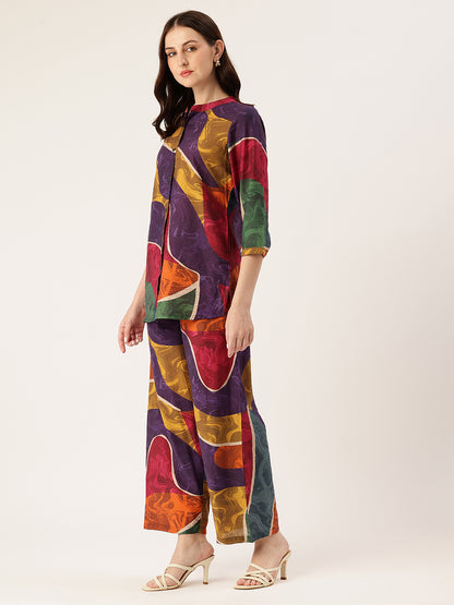 Multi Color Printed Mandarin Collar Co-Ords