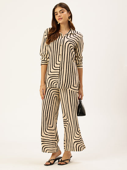Beige & Black Geometric Printed Shirt & Palazzos Co-Ords Set