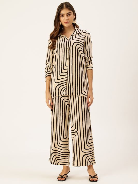 Beige & Black Geometric Printed Shirt & Palazzos Co-Ords Set