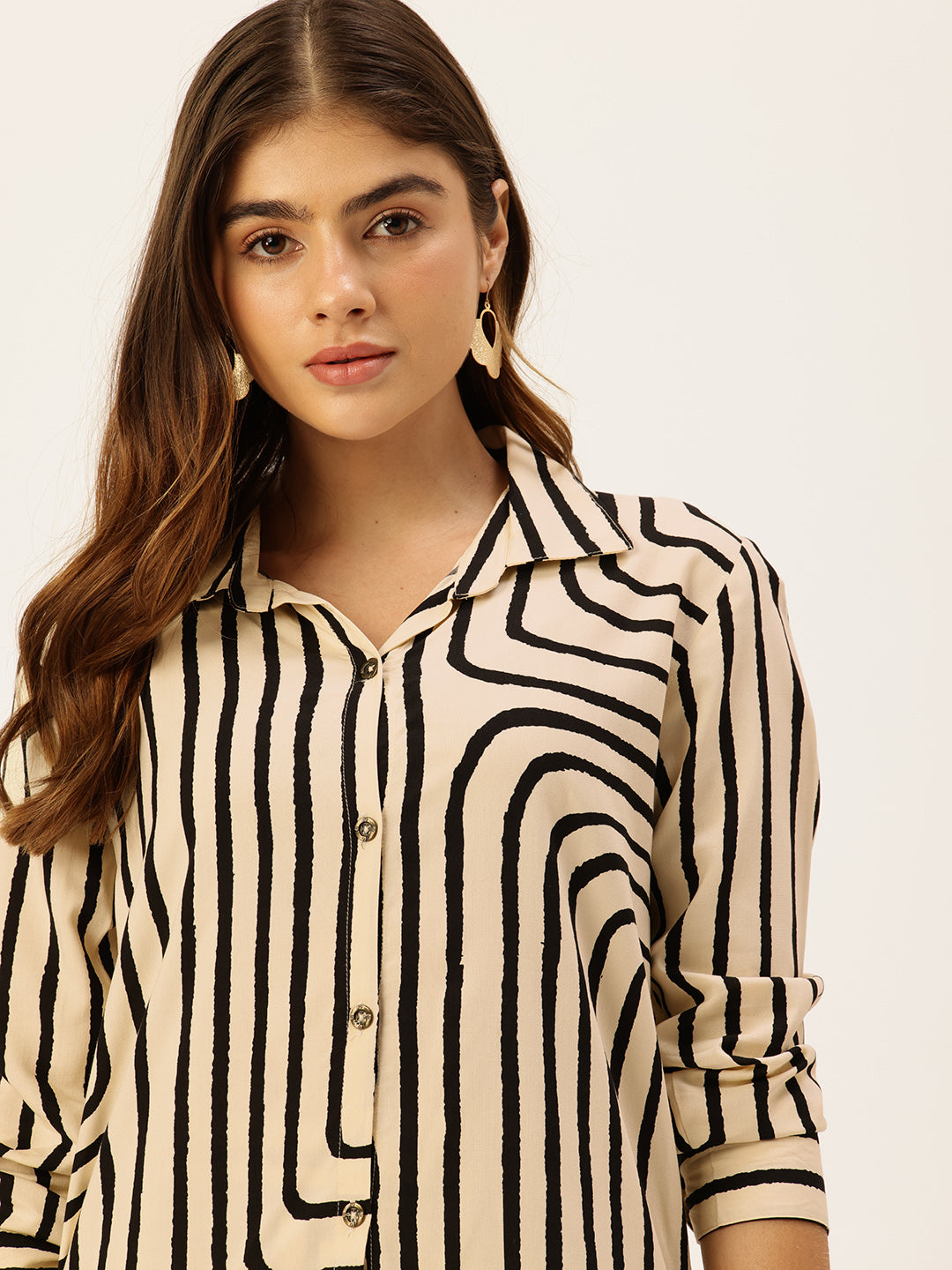 Beige & Black Geometric Printed Shirt & Palazzos Co-Ords Set