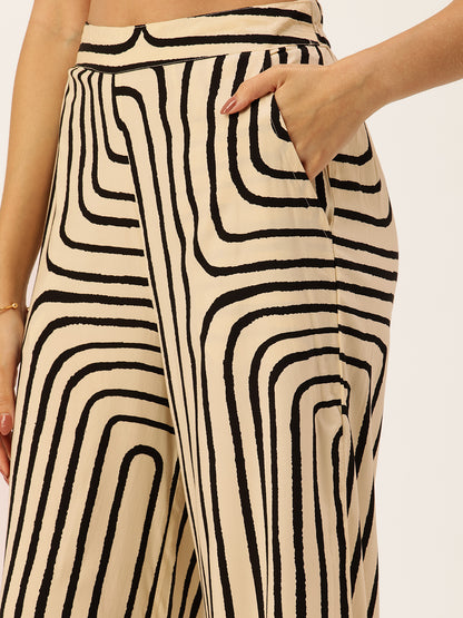 Beige & Black Geometric Printed Shirt & Palazzos Co-Ords Set