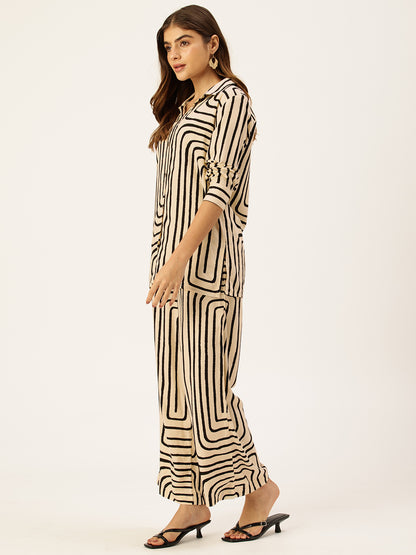 Beige & Black Geometric Printed Shirt & Palazzos Co-Ords Set