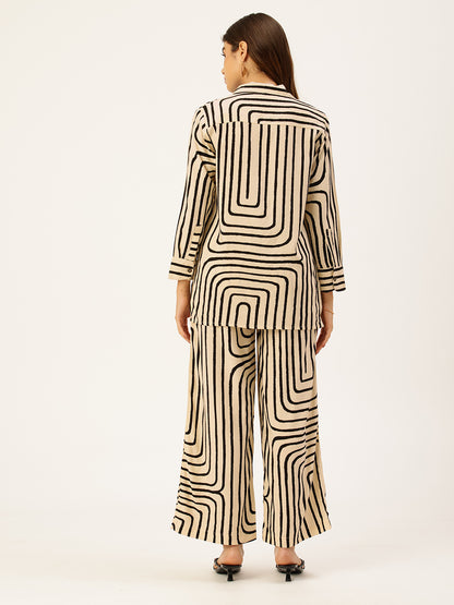 Beige & Black Geometric Printed Shirt & Palazzos Co-Ords Set