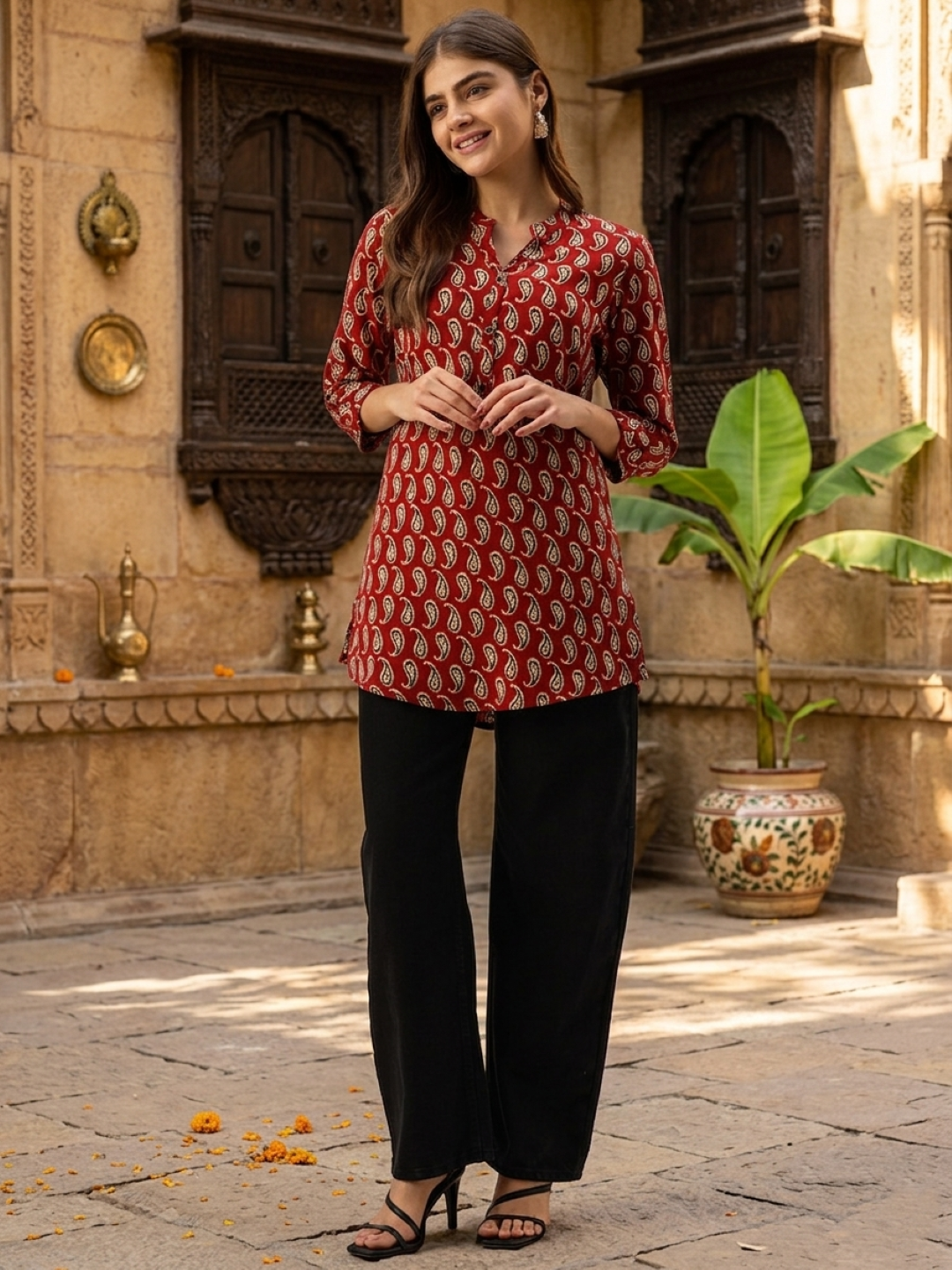 Red Paisley Printed Mandarin Collar Tunic