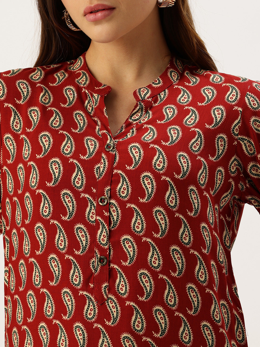 Red Paisley Printed Mandarin Collar Tunic