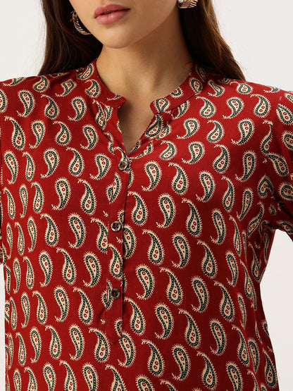 Red Paisley Printed Mandarin Collar Tunic