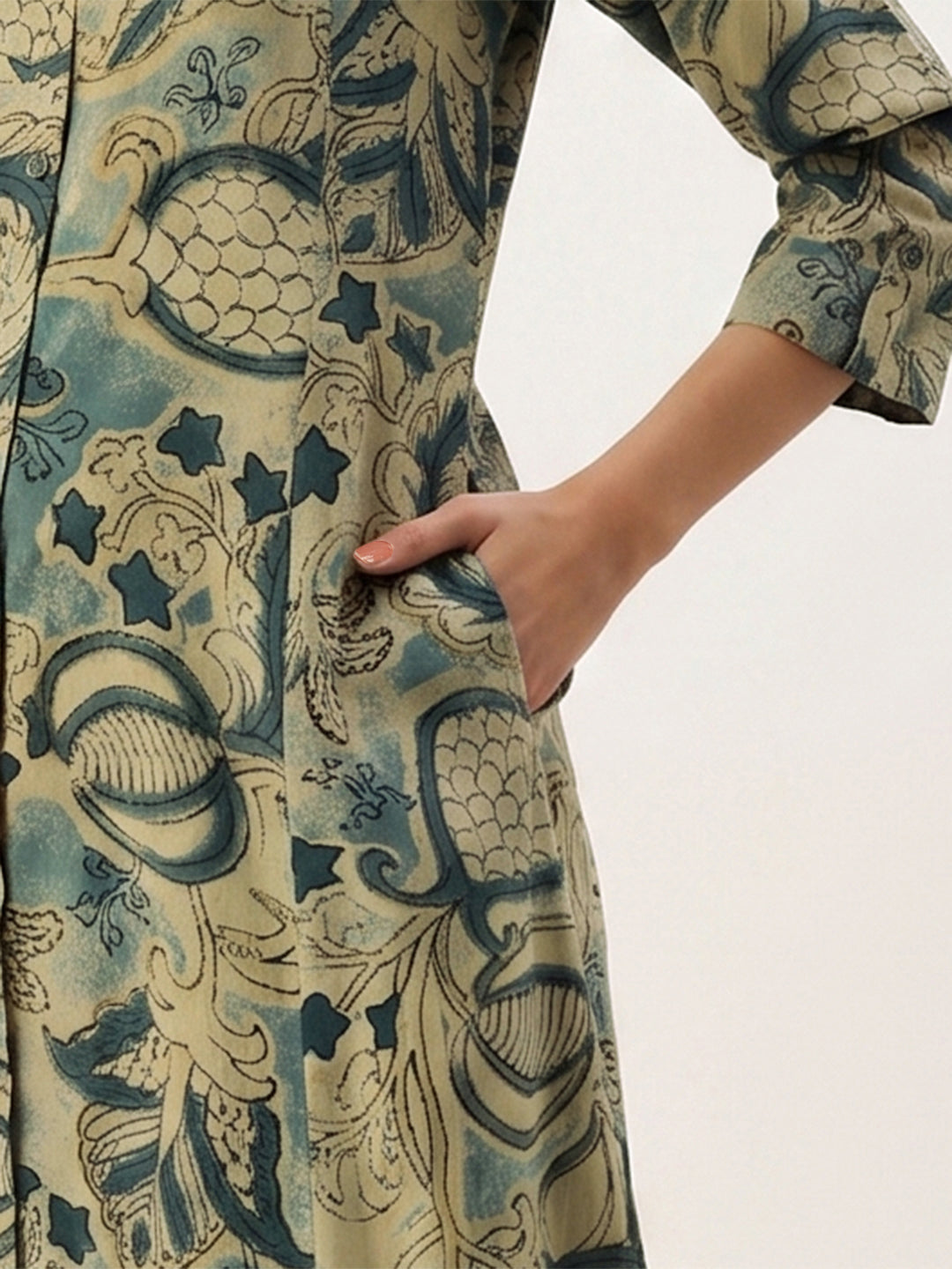 Grey Band Collar Printed A - Line Kurta