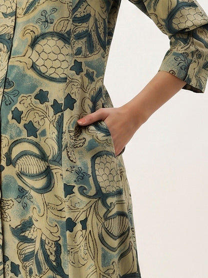 Grey Band Collar Printed A - Line Kurta