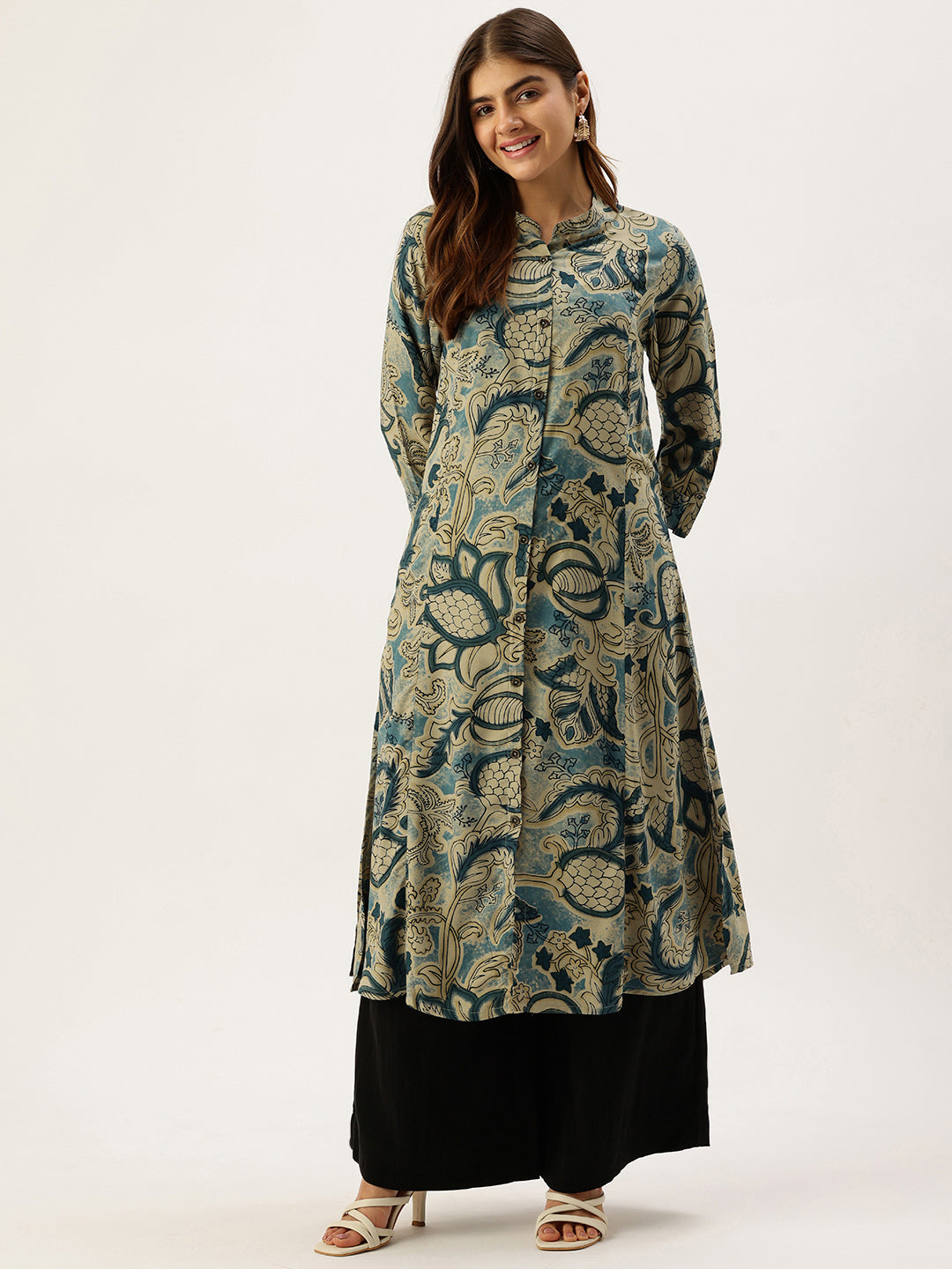 Grey Band Collar Printed A - Line Kurta