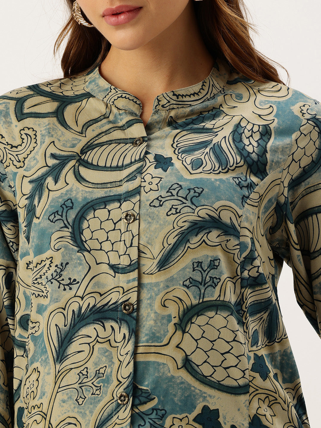 Grey Band Collar Printed A - Line Kurta