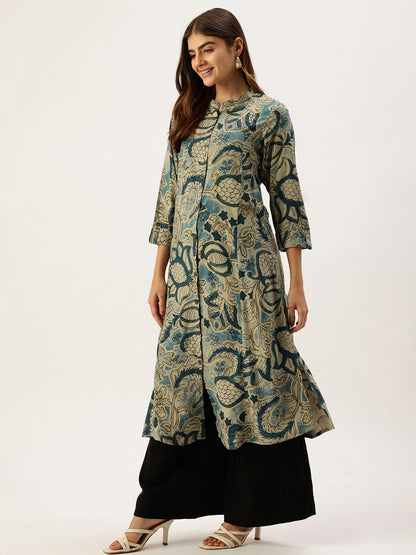 Grey Band Collar Printed A - Line Kurta