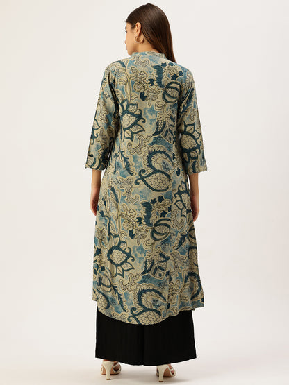 Grey Band Collar Printed A - Line Kurta