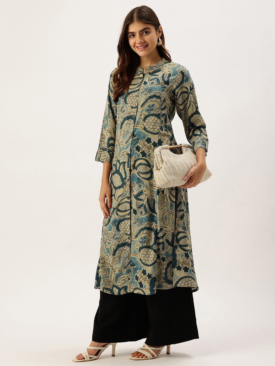 Grey Band Collar Printed A - Line Kurta