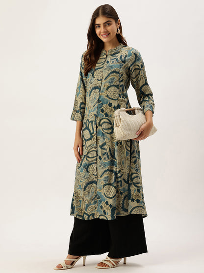 Grey Band Collar Printed A - Line Kurta