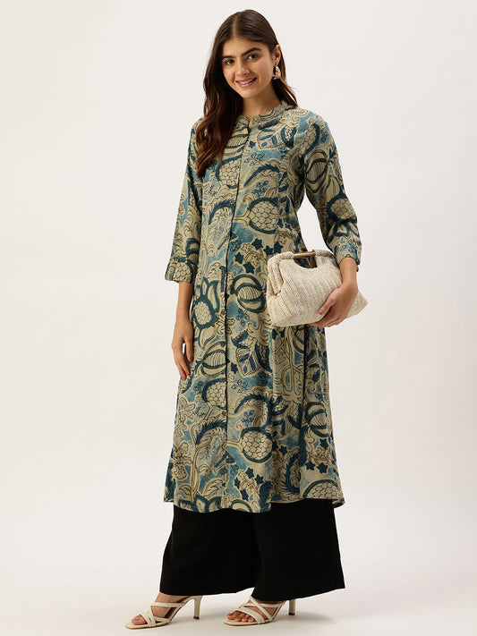 Grey Band Collar Printed A - Line Kurta