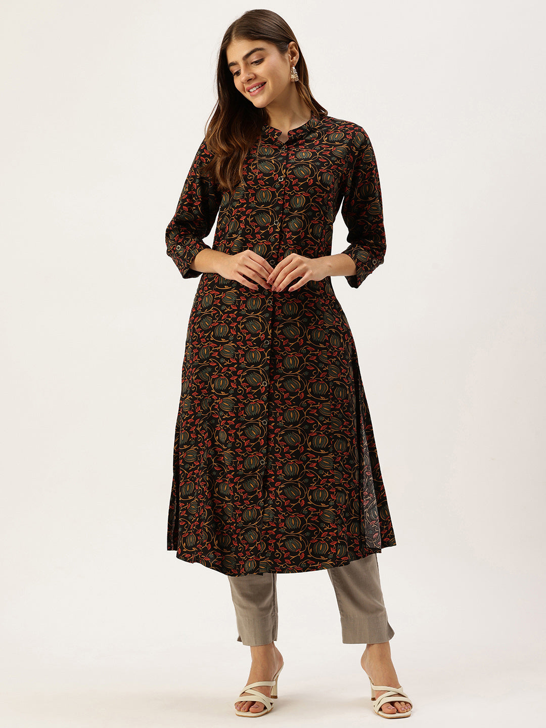 Black Band Collar Floral Printed A - Line Kurta