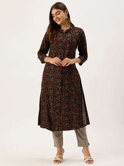 Black Band Collar Floral Printed A - Line Kurta