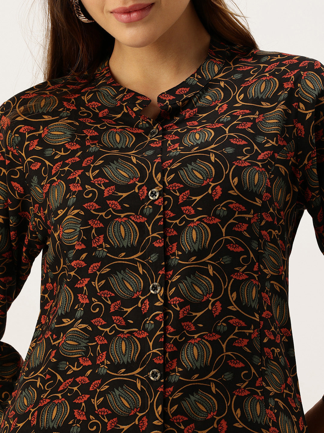 Black Band Collar Floral Printed A - Line Kurta
