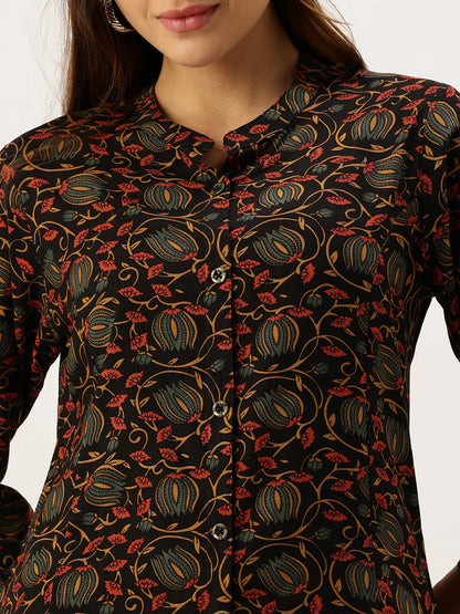 Black Band Collar Floral Printed A - Line Kurta
