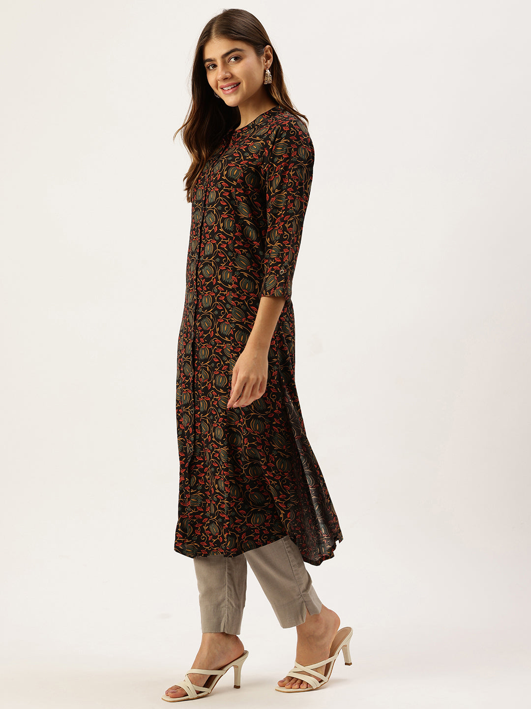 Black Band Collar Floral Printed A - Line Kurta