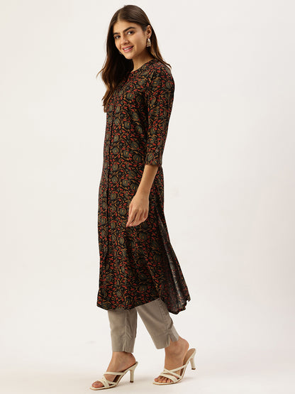 Black Band Collar Floral Printed A - Line Kurta