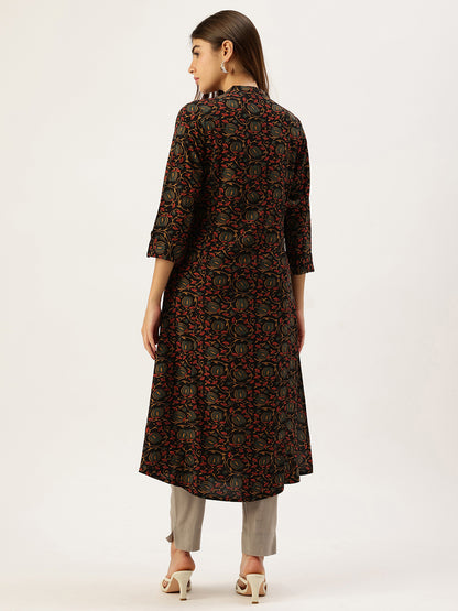 Black Band Collar Floral Printed A - Line Kurta