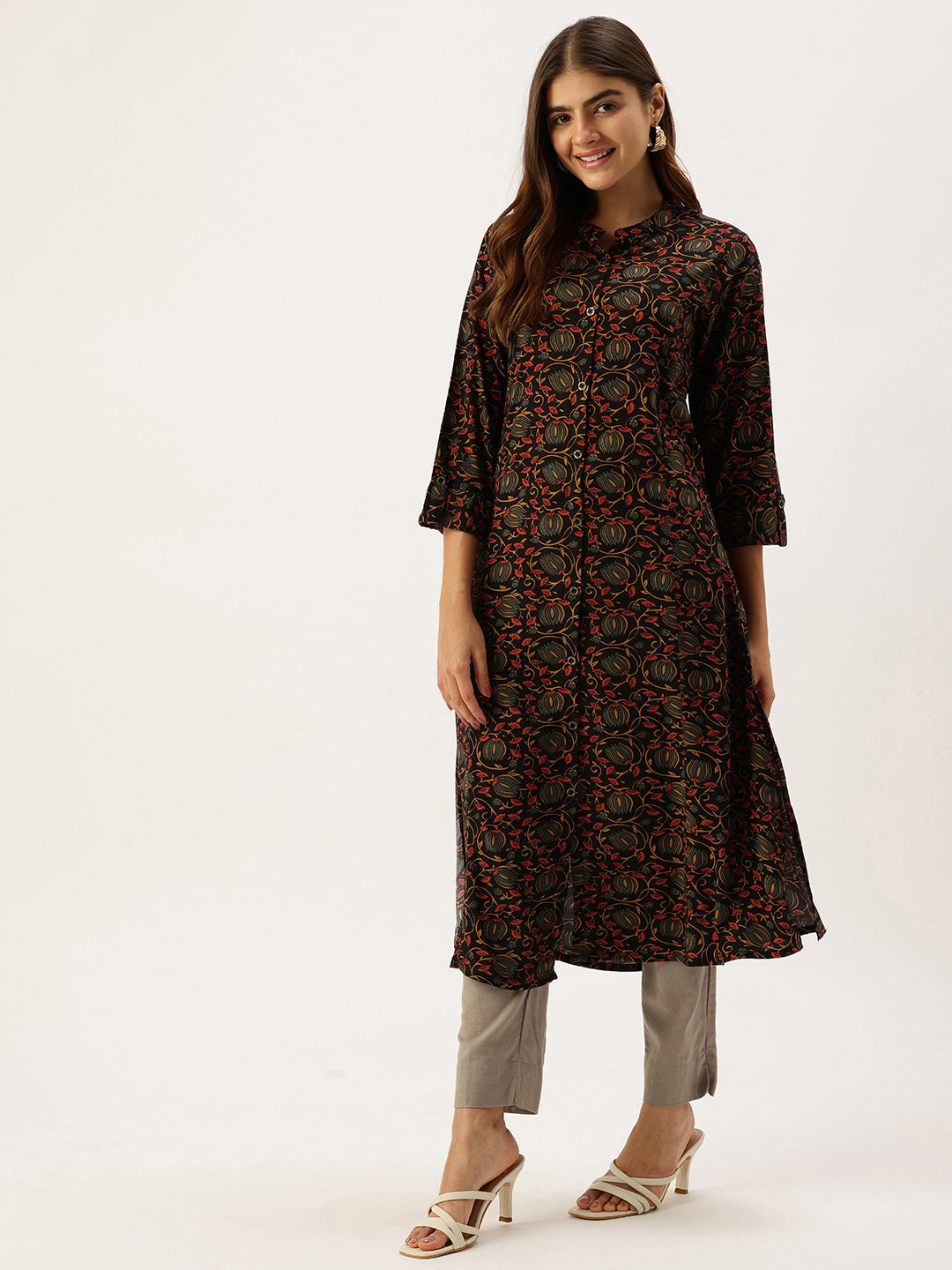 Black Band Collar Floral Printed A - Line Kurta