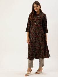 Black Band Collar Floral Printed A - Line Kurta