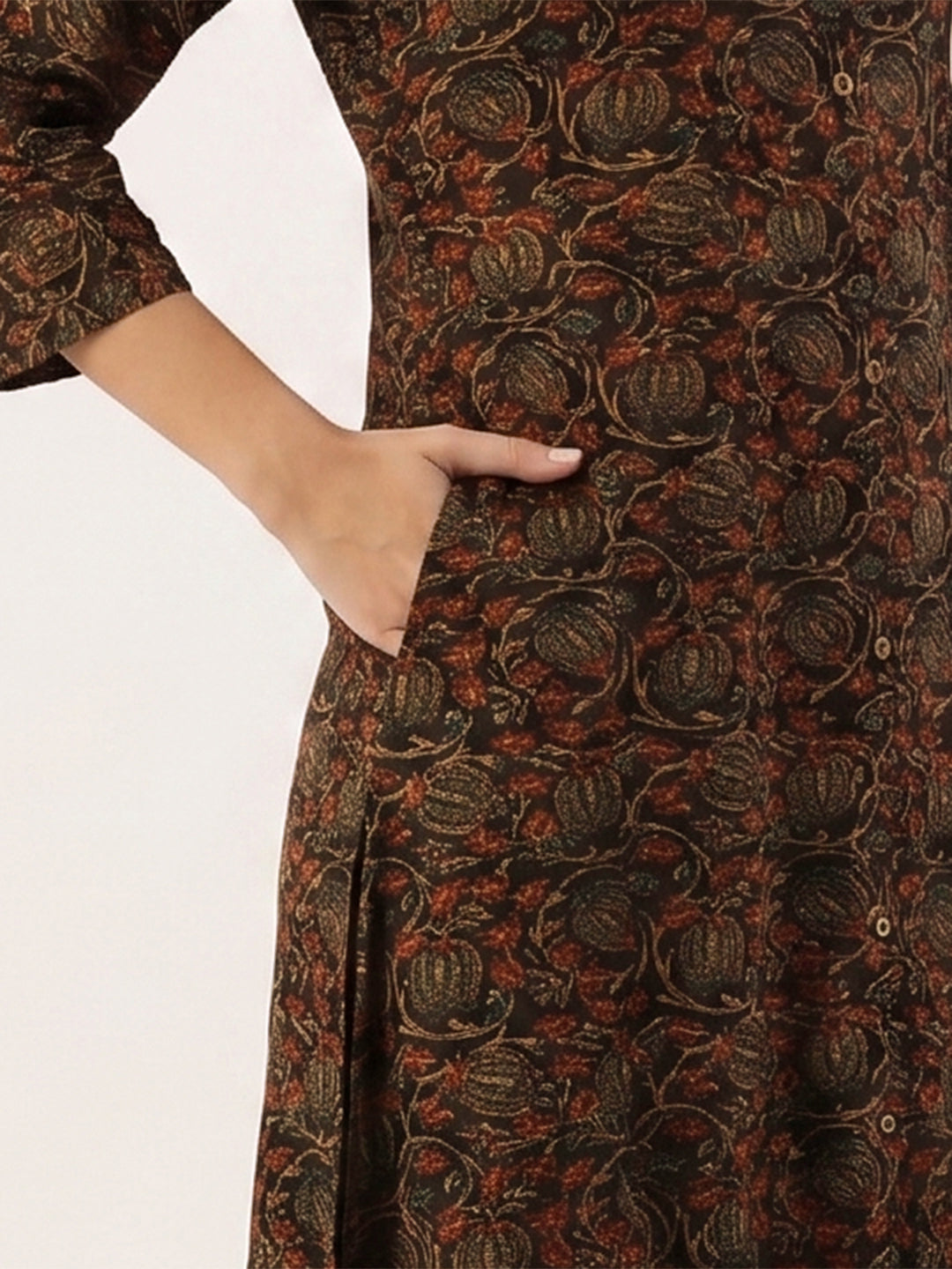 Black Band Collar Floral Printed A - Line Kurta