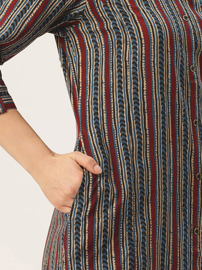 Blue Mandarian Collar Striped Printed A - Line Kurta