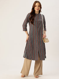 Blue Mandarian Collar Striped Printed A - Line Kurta