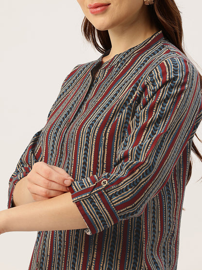 Blue Mandarian Collar Striped Printed A - Line Kurta