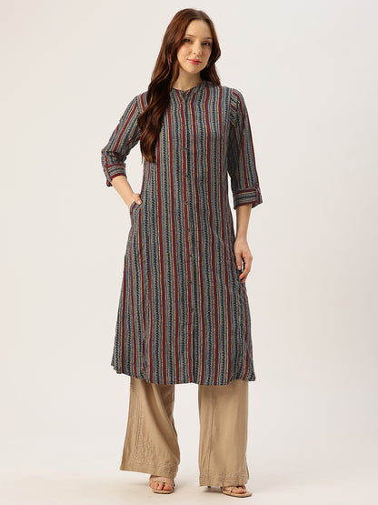 Blue Mandarian Collar Striped Printed A - Line Kurta