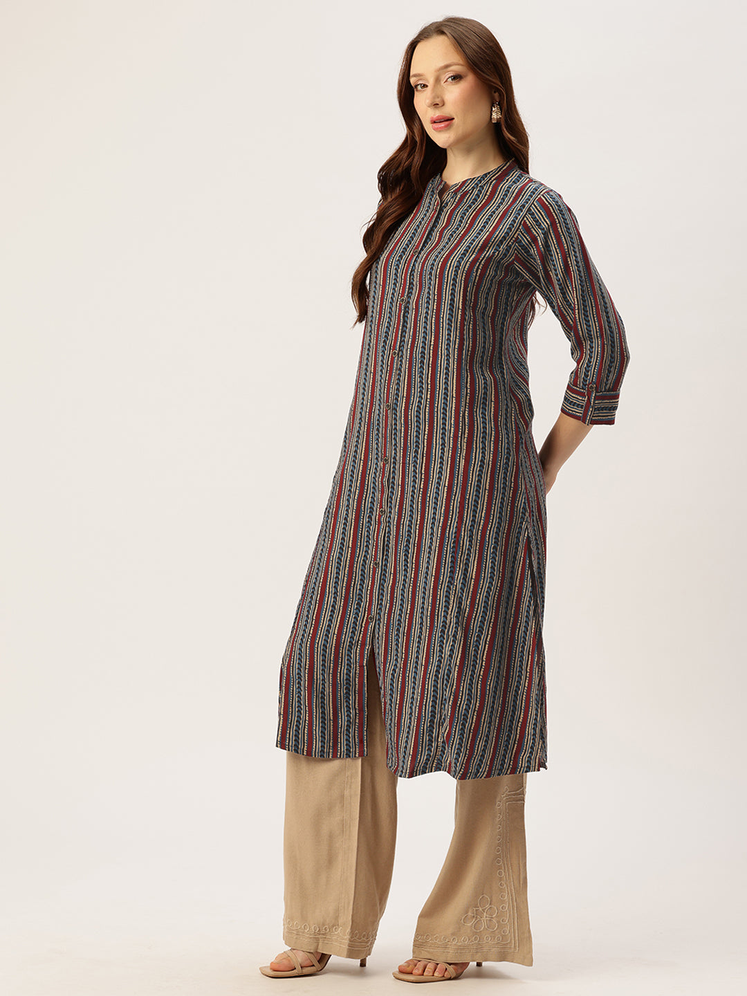 Blue Mandarian Collar Striped Printed A - Line Kurta