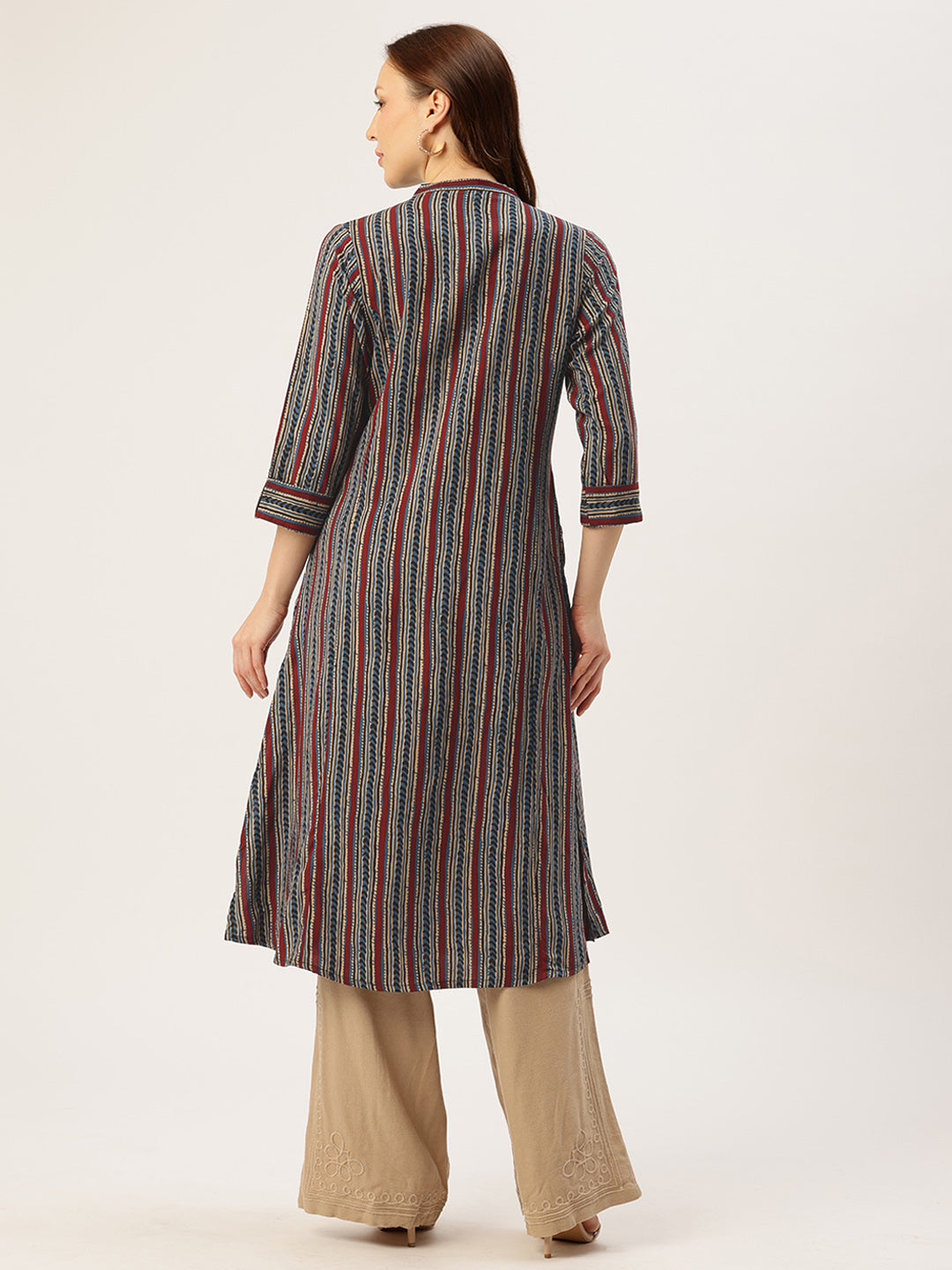 Blue Mandarian Collar Striped Printed A - Line Kurta